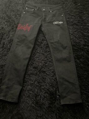 Ksubi Black Jeans with White Script Patch and Red Stitching